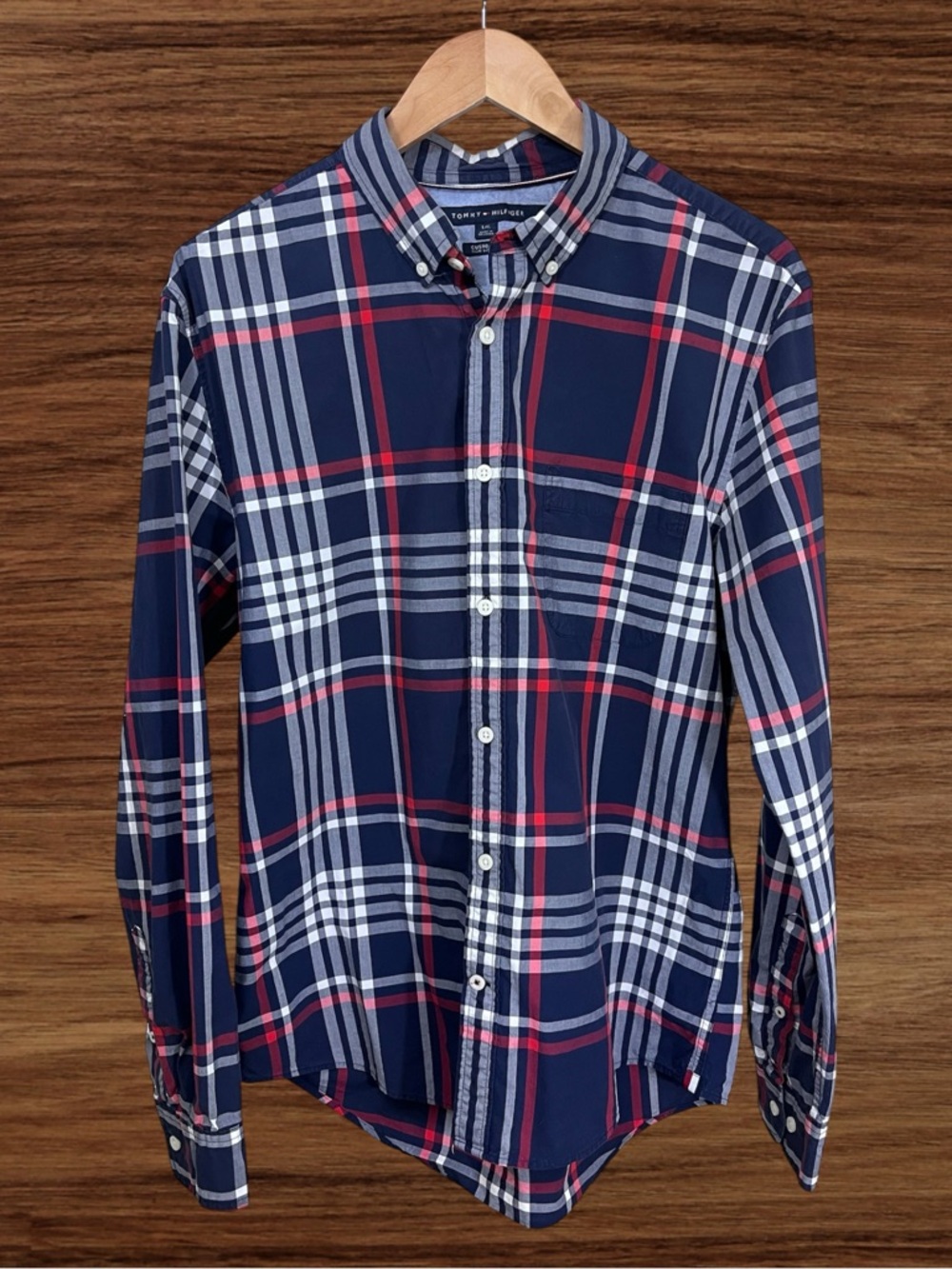 Tommy Hilfiger Long Sleeve Plaid Button-Down Shirt. Red, white, Blue. Large